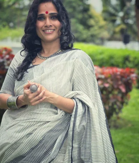 Elegant Black & Silver Striped Cotton Saree