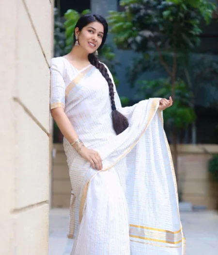 Elegant Silver & Gold Striped Cotton Saree